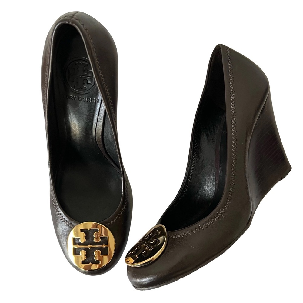 Tory Burch Leather Sophie Wedges Dark Brown Size 8